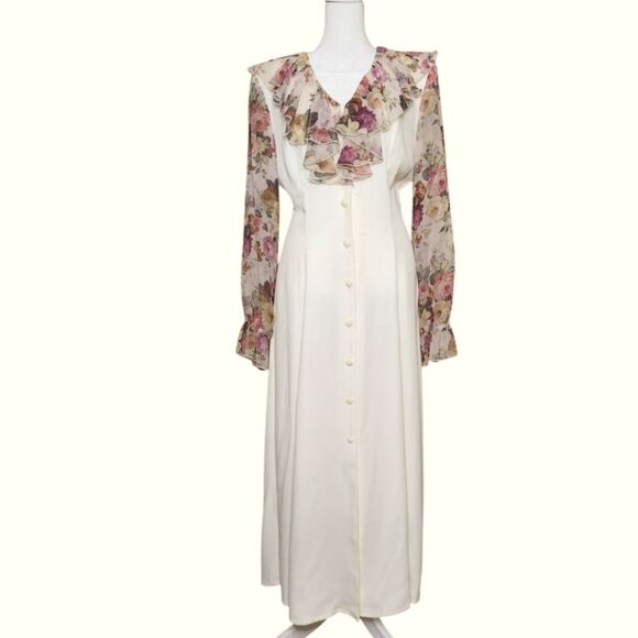 Paris Sport Club Maxi Dress Vintage 90s Ivory Floral Sheer Sleeve Women's Size 7 - Picture 1 of 14
